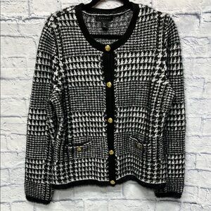 Tahari Black and White Sparkle Glitter Houndstooth Long Sleeve Cardigan/Sweater
